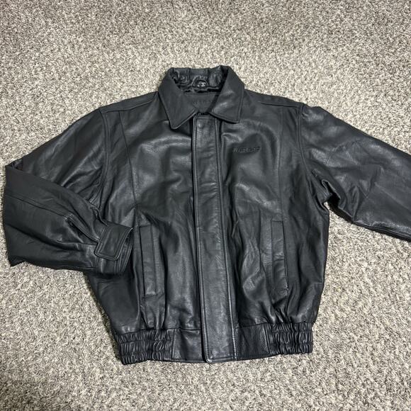 Netjets Leather Jacket Mens L Black Full Zip Bomber Aviator Flight Travel Coat - Picture 1 of 7